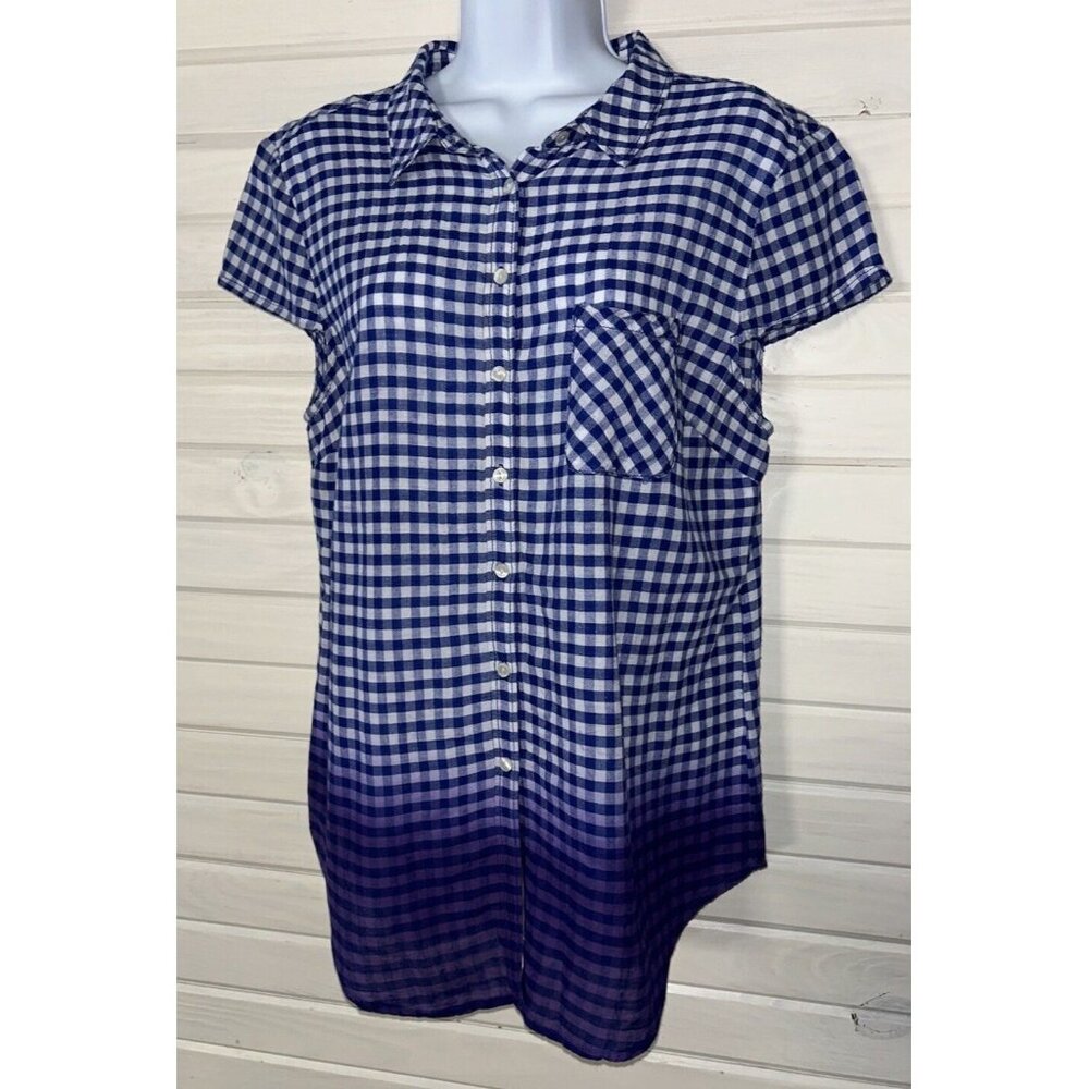 Anthropologie Holding Horses Sz 10 Gingham Ombre S/S Blouse Shirt Blue *VGUC